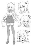  1girl akai_haato bangs blush expressions fang hair_ornament haruyuki_(yukichasoba) heart heart_hair_ornament highres hololive long_hair monochrome open_mouth simple_background smile smirk standing thigh-highs virtual_youtuber white_background 