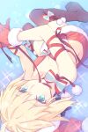  1girl ahoge artoria_pendragon_(all) bangs bare_shoulders black_legwear blonde_hair blue_eyes bra breasts christmas commentary eyebrows_visible_through_hair fate/grand_order fate_(series) fur-trimmed_gloves fur-trimmed_skirt fur_trim gloves highres looking_at_viewer lying miniskirt mouth_hold no_shoes on_back pom_pom_(clothes) red_bra red_gloves red_ribbon red_skirt ribbon ribbon_in_mouth saber saipaco short_hair skirt small_breasts solo thigh-highs underwear upside-down 