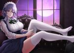  1girl adjusting_clothes adjusting_legwear alternate_costume bangs blue_skirt braid breasts center_frills collared_shirt cross-laced_clothes cross-laced_skirt eyebrows_visible_through_hair framed_breasts frills full_moon grey_hair hair_between_eyes high-waist_skirt highres izayoi_sakuya large_breasts legs_up long_sleeves looking_at_viewer maid_headdress moon no_shoes open_mouth raised_eyebrows red_eyes ribbed_shirt shirt short_hair side_braid silver_hair sitting skindentation skirt sky solo star_(sky) starry_sky suspender_skirt suspenders thigh-highs thighs touhou twin_braids umasan underbust white_legwear white_shirt window wing_collar 