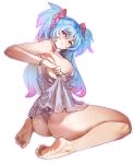  1girl armpits ass bangs bare_shoulders barefoot blue_hair blush bow_(bhp) breasts lingerie long_hair looking_at_viewer original panties simple_background sitting solo two_side_up underwear violet_eyes wariza white_background 