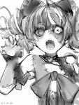  1girl bow bowtie choker drill_hair greyscale hands_up heart heart_choker highres hololive hololive_indonesia kureiji_ollie looking_at_viewer monochrome nanashi_(nlo) open_mouth simple_background solo stitched_face twin_drills upper_body white_background zombie 