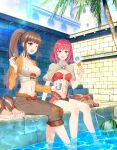  2girls absurdres bangs beige_capelet blush boots_removed bow bow_bra bra breasts brick_wall brown_eyes brown_footwear brown_hair brown_jacket brown_shorts cape clouds collarbone commentary cup eyebrows_visible_through_hair feet_out_of_frame food fruit highres holding holding_cup holding_spoon ice_cream ike_masato jacket large_breasts long_hair long_sleeves looking_at_viewer looking_to_the_side mage_(ragnarok_online) medium_breasts multiple_girls one_eye_closed open_mouth outdoors palm_tree pelvic_curtain ponytail ragnarok_online red_bow red_cape red_eyes red_tubetop redhead short_hair shorts shrug_(clothing) sitting sky spoon stomach_tattoo strapless tattoo thief_(ragnarok_online) tree tubetop underwear wading waist_cape water watermelon white_bra 