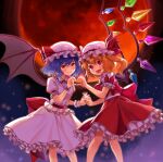  2girls aki_(mare_desiderii) bat_wings blonde_hair bow commentary_request crystal dress fang flandre_scarlet frilled_shirt_collar frilled_skirt frills full_moon hat heart heart_hands heart_hands_duo highres looking_at_viewer mob_cap moon multiple_girls nail_polish one_side_up pink_dress puffy_short_sleeves puffy_sleeves purple_hair red_bow red_eyes red_moon red_ribbon red_skirt red_vest remilia_scarlet ribbon sash shirt short_hair short_sleeves siblings sisters skin_fang skirt touhou vest white_shirt wings 