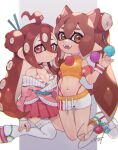  2girls animal_ears aqua_sash artist_name bangs bra brown_eyes brown_hair cat_ears closed_mouth clothing_cutout commentary cross-laced_footwear domino_mask double_bun drawstring english_commentary fangs hair_between_eyes hair_ornament hairpin highleg highleg_panties highres inkling kneeling long_hair looking_at_viewer makeup mascara mask miniskirt multiple_girls navel octoling off-shoulder_shirt off_shoulder open_mouth panties pink_bra pink_footwear pink_panties pink_shirt pleated_skirt pointy_ears prat_rat red_eyes red_skirt sandals shirt shoes short_shorts shorts shoulder_cutout side-by-side sidelocks skirt smile splatoon_(series) striped striped_bra tentacle_hair thigh-highs underwear white_footwear white_legwear white_shorts wristband yellow_shirt 