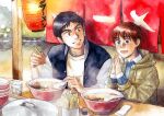 1boy 1girl black_hair blue_eyes bowl brown_eyes casual cup food grin hands_together hood hooded_jacket izumi_noa jacket kidou_keisatsu_patlabor lantern letterman_jacket looking_at_another looking_to_the_side noodles noren paper_lantern pot ramen redhead restaurant shinohara_asuma short_hair signature sitting smile texture traditional_media ususionorisio watercolor_(medium) winter_clothes 