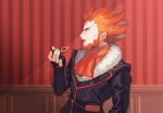  1boy black_gloves black_jacket commentary_request facial_hair fingerless_gloves fur-trimmed_jacket fur_trim gloves holding indoors jacket kusuribe long_sleeves lysandre_(pokemon) male_focus open_mouth orange_hair pokemon pokemon_(game) pokemon_xy signature solo spiky_hair team_flare teeth tongue 