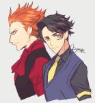  2boys alternate_costume augustine_sycamore black_hair black_shirt closed_mouth commentary_request grey_background grey_eyes kusuribe looking_at_viewer lysandre_(pokemon) male_focus multiple_boys necktie orange_hair pokemon pokemon_(game) pokemon_xy red_shirt shirt short_hair signature simple_background sketch spiky_hair vest yellow_neckwear 