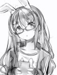  1girl animal_ears casual cellphone eyebrows_visible_through_hair glasses greyscale head_tilt highres holding holding_phone hololive jacket long_hair long_sleeves looking_at_viewer monochrome nanashi_(nlo) open_clothes open_jacket parted_lips phone rabbit_ears semi-rimless_eyewear shirt simple_background smartphone solo thick_eyebrows under-rim_eyewear upper_body usada_pekora white_background 