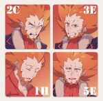  1boy blush clenched_teeth closed_eyes collarbone commentary_request expression_chart facial_hair fur-trimmed_jacket fur_trim jacket kusuribe lysandre_(pokemon) male_focus mouth_drool nose_blush number open_mouth orange_hair pokemon pokemon_(game) pokemon_xy red_shirt shirt sideways_glance signature spiky_hair sweat tearing_up teeth tongue tongue_out 