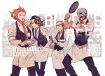  4boys :d alternate_costume apron archie_(pokemon) arm_hair augustine_sycamore black_hair black_pants black_vest blue_bandana collared_shirt commentary_request cup facial_hair frying_pan glasses holding holding_frying_pan kusuribe lysandre_(pokemon) male_focus maxie_(pokemon) multiple_boys necktie one_eye_closed open_mouth orange_hair orange_neckwear pants pokemon pokemon_(game) pokemon_oras pokemon_xy purple_neckwear red_neckwear redhead saucer shirt smile teacup teeth tongue tray vest waist_apron 