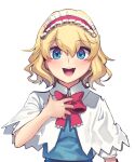  1girl :d absurdres alice_margatroid blonde_hair blue_shirt blush boa_(brianoa) bow bowtie capelet eyebrows_visible_through_hair fingernails frilled_hairband frills hairband hand_up highres looking_at_viewer open_mouth red_neckwear shirt short_hair short_sleeves simple_background smile solo touhou upper_body white_background white_capelet 