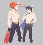  !? 2boys abs arm_behind_back augustine_sycamore black_gloves black_hair black_pants collarbone commentary_request facial_hair fingerless_gloves gloves grey_background heart holding holding_clothes holding_shirt kusuribe looking_at_another lysandre_(pokemon) male_focus multiple_boys navel orange_hair outline pants pokemon pokemon_(game) pokemon_xy shiny shiny_hair shirt shirtless short_hair signature simple_background spiky_hair spoken_heart spoken_interrobang sweatdrop yellow_belt 