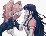  2girls apron bear_hair_ornament black_shirt blue_eyes breasts choker commentary crying crying_with_eyes_open dangan_ronpa:_trigger_happy_havoc dangan_ronpa_(series) dangan_ronpa_2:_goodbye_despair enoshima_junko expressionless hair_ornament hand_on_another&#039;s_cheek hand_on_another&#039;s_face highres large_breasts long_hair looking_at_another medium_breasts mole mole_under_eye multiple_girls necktie open_mouth pink_eyes pink_hair pink_shirt profile purple_hair renshu_usodayo shirt short_sleeves simple_background sleeves_rolled_up smile symbol_commentary tears tsumiki_mikan twintails upper_body white_background white_neckwear yuri 