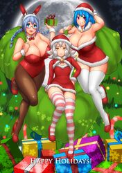  2015 3girls absurdres alternate_costume blue_eyes blue_hair borrowed_character breasts christmas christmas_present christmas_tree curvy erkaz falleci_(rouzille) gift grey_hair hat highres huge_breasts inchou_(kaitsu_tokiyas) leotard moon multiple_girls night night_sky original pantyhose playboy_bunny pointy_ears red_leotard rina_atherina santa_hat sky small_breasts striped striped_legwear thick_thighs thigh-highs thighs violet_eyes watashi_no_inchou_desu!! white_hair white_legwear 