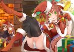  1girl :p absurdres ass bell black_legwear boots box breasts brown_hair chibi christmas christmas_tree doki_doki_literature_club dress fireplace gift gift_box gloves green_eyes hat high_heel_boots high_heels highres looking_at_viewer monika_(doki_doki_literature_club) panties pantyshot ponytail red_footwear red_gloves red_ribbon ribbon santa_boots santa_costume santa_dress santa_gloves santa_hat second-party_source short_dress thigh-highs thighs tongue tongue_out underwear white_panties white_ribbon xhunzei 