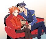  2boys augustine_sycamore black_gloves black_hair black_vest blue_eyes blue_shirt brown_pants closed_mouth collared_shirt commentary_request couch crossed_legs fingerless_gloves gen_6_pokemon gloves kusuribe litleo long_sleeves looking_at_another lysandre_(pokemon) male_focus multiple_boys orange_hair orange_shirt pants pokemon pokemon_(creature) pokemon_(game) pokemon_xy shirt signature sitting spiky_hair suspenders vest younger 