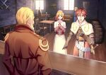  1girl 5boys acolyte_(ragnarok_online) arms_at_sides bangs barrel beard black_vest blonde_hair blue_eyes blue_pants blue_shirt blush brick_wall brown_gloves brown_hair brown_jacket brown_pants brown_shirt capelet chair clenched_hand commentary_request couch crossed_swords day desk eyebrows_visible_through_hair faceless faceless_male facial_hair facing_away full_body gauntlets gloves hair_slicked_back herman_von_efesiers ike_masato indoors jacket long_skirt long_sleeves looking_at_another medium_hair multiple_boys open_mouth own_hands_together painting_(object) pants ragnarok_online red_eyes redhead sheath sheathed shield shiny shiny_hair shirt short_hair sitting skirt sleeves_rolled_up standing sword swordsman_(ragnarok_online) tabard table talking teeth upper_body very_short_hair vest weapon white_capelet white_shirt white_skirt window wooden_floor 