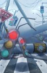  artist_name cable commentary_request debris destruction english_commentary english_text fog highres no_humans norikoi original outdoors road road_sign scenery sign signature traffic_light white_footwear 