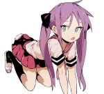  1girl :p all_fours black_legwear ddari grey_eyes highres hiiragi_kagami long_hair looking_at_viewer lucky_star miniskirt purple_hair red_skirt shirt shoes short_sleeves simple_background skirt socks solo sweat tongue tongue_out twintails white_background white_legwear white_shirt 