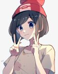  1girl beanie black_hair blue_eyes blush closed_mouth double_v eyelashes floral_print hands_up hat highres pokemon pokemon_(game) pokemon_sm red_headwear selene_(pokemon) shirt short_hair short_sleeves signature smile solo t-shirt tere_asahi upper_body v yellow_shirt 