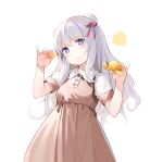  +_+ 1girl :t azur_lane bangs blue_eyes blush brown_dress buttons chewing closed_mouth collared_dress commentary_request cowboy_shot double_bun dress eating eyebrows_visible_through_hair food fruit hair_between_eyes hair_ribbon hands_up head_tilt holding holding_food holding_fruit le_malin_(azur_lane) long_hair looking_at_viewer mandarin_orange manjuu_(azur_lane) nekomu orange orange_slice plaid plaid_dress red_ribbon ribbon shiny shiny_hair short_sleeves sidelocks silver_hair simple_background solo standing wavy_hair white_background 