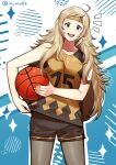  1girl ahoge bare_shoulders basketball basketball_uniform blonde_hair commission fire_emblem fire_emblem_fates grey_eyes headband highres hiomaika holding looking_at_viewer open_mouth ophelia_(fire_emblem) pantyhose shorts smile solo sportswear upper_body 