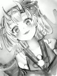  1girl :d blush duplicate dutch_angle fang greyscale hands_up highres hololive horns long_hair long_sleeves looking_at_viewer monochrome nakiri_ayame nanashi_(nlo) oni_horns open_mouth simple_background skin_fang smile solo two_side_up upper_body white_background 