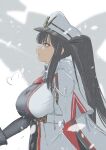  1girl azur_lane bangs black_hair breasts cape character_request commentary_request from_side hat highres large_breasts military military_hat military_uniform mitsugu mole mole_under_eye sidelocks snowing twintails uniform 