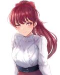  1girl bangs belt belt_buckle black_belt blush breasts buckle closed_mouth commentary highres large_breasts leonmandala long_hair long_sleeves looking_at_viewer persona persona_5 ponytail red_eyes red_skirt redhead ribbed_sweater simple_background skirt smile solo sweater sweater_tucked_in turtleneck turtleneck_sweater upper_body white_background white_sweater yoshizawa_kasumi 