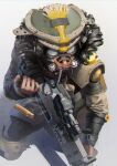  1boy absurdres apex_legends black_hair bloodhound_(apex_legends) from_above gradient gradient_background helmet highres knee_pads kusami_toka_naku_au looking_down male_focus mask science_fiction scope shadow shell_casing solo 