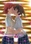  2girls black_hair blue_skirt breasts collared_shirt commentary_request cowboy_shot eye_contact from_side green_eyes hair_bun hair_ornament hairclip hands_on_another&#039;s_waist highres kiss large_breasts looking_at_another love_live! love_live!_nijigasaki_high_school_idol_club medium_breasts multiple_girls neck_ribbon nijigasaki_academy_uniform plaid plaid_skirt pleated_skirt profile red_neckwear redhead revision ribbon school_uniform shirt short_hair short_sleeves skirt summer_uniform sweater_vest takasaki_yuu tooo twintails uehara_ayumu vest white_shirt yellow_vest yuri 