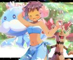 1girl :d ^^^ arm_behind_head bangs bare_arms bare_shoulders blue_bandeau blurry blurry_background breasts brown_hair closed_eyes collarbone crop_top crown dark_skin depth_of_field eyebrows_visible_through_hair facing_viewer flower hair_flower hair_ornament holding holding_poke_ball jellicent jellicent_(male) kouu_hiyoyo letterboxed looking_at_viewer mini_crown navel open_mouth phoebe_(pokemon) pink_flower poke_ball poke_ball_(basic) pokemon pokemon_(creature) pokemon_(game) pokemon_rse sarong short_hair small_breasts smile tree trevenant