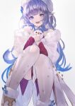  absurdres bangs bare_shoulders betabeet blue_eyes blue_flower blue_hair blue_rose blush crystal eyebrows eyebrows_visible_through_hair flower from_below fur_collar fur_trim granblue_fantasy highres lily_(granblue_fantasy) long_hair looking_at_viewer object_hug open_mouth pantyhose pointy_ears rose santa_costume simple_background snowman squatting very_long_hair white_background white_legwear 