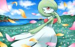  blue_sky brown_eyes closed_mouth clouds cloudy_sky commentary_request creature day feet_out_of_frame gardevoir gen_3_pokemon grass hakuginnosora looking_at_viewer looking_to_the_side no_humans outdoors petals pokemon pokemon_(creature) river sky smile solo standing water wind 