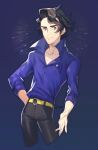  1boy arm_behind_back augustine_sycamore belt black_hair black_pants closed_mouth collarbone collared_shirt commentary_request facial_hair grey_eyes kusuribe looking_at_viewer male_focus pants pokemon pokemon_(game) pokemon_xy popped_collar purple_background purple_shirt shiny shiny_hair shirt signature sleeves_rolled_up solo yellow_belt 