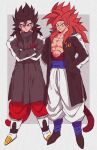  2boys bare_pecs biceps black_legwear coat crossed_arms dragon_ball dragon_ball_gt dragon_ball_heroes earrings fusion fusion_dance gloves gogeta hands_in_pockets highres jewelry looking_at_viewer monkey_boy monkey_tail multiple_boys muscular no_nipples pants potara_earrings red_fur red_pants relio_db318 spiky_hair super_saiyan super_saiyan_4 tail vegetto_(xeno) white_gloves white_legwear white_pants 