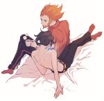  2boys arm_support augustine_sycamore bed_sheet black_hair black_pants closed_mouth commentary_request crossed_legs cup holding holding_cup kusuribe looking_at_another looking_back lysandre_(pokemon) male_focus multiple_boys orange_hair orange_legwear pants pokemon pokemon_(game) pokemon_xy shirtless shoulder_blades sitting socks spiky_hair steam yellow_belt 