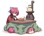  1girl basket blush bow closed_eyes commentary cup disembodied_head drooling food fruit hair_bow hanten_(clothes) holding holding_cup isu_(is88) kettle kotatsu long_sleeves looking_at_viewer mandarin_orange multiple_heads open_mouth purple_bow red_eyes redhead sakazuki saliva sekibanki short_hair sitting solo steam stove table touhou white_background 