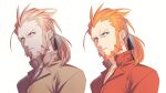  1boy alternate_costume collared_shirt commentary_request facial_hair grey_eyes kusuribe long_hair looking_to_the_side lysandre_(pokemon) male_focus multiple_views orange_hair orange_shirt pokemon pokemon_(game) pokemon_xy popped_collar shirt signature simple_background white_background 