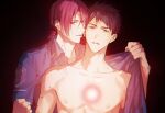  2boys alternate_costume assisted_exposure bangs bare_pecs black_hair blue_eyes collarbone couple free! glowing hair_between_eyes male_focus matsuoka_rin multiple_boys nipples oh_ki_ik open_clothes open_shirt police police_uniform red_eyes redhead short_hair toned toned_male undressing_another uniform upper_body yamazaki_sousuke 