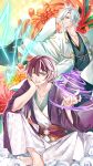  2boys aikami barefoot blue_eyes earrings fan flower folding_fan gem hair_between_eyes highres holding holding_fan inanonko japanese_clothes jewelry looking_at_viewer magic multiple_boys official_art ribbon-trimmed_sleeves ribbon_trim sitting smile smirk standing stud_earrings white_hair wide_sleeves 