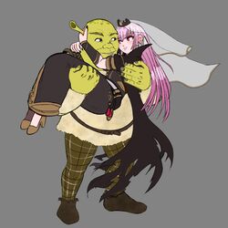  1boy 1girl bald bangs black_dress black_nails blunt_bangs cape carrying colored_skin crossover dress green_skin hair_behind_ear high_heels holding_another&#039;s_head hololive hololive_english mori_calliope nail_polish ogre peagade pink_hair princess_carry shrek shrek_(series) smile tiara veil virtual_youtuber 