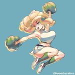  1girl arm_up armpits bangs blonde_hair blue_background blue_eyes bouncing_breasts breasts cheering cheerleader commentary drill_hair english_commentary eyebrows_visible_through_hair full_body green_legwear holding holding_pom_poms jumping large_breasts legs_together long_hair marielle_(woofycakes) midriff miniskirt one_eye_closed original pom_poms shoes skirt sneakers socks solo sports_bra sweat thick_thighs thighs twitter_username white_footwear white_skirt white_sports_bra woofycakes 