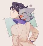  1boy augustine_sycamore black_hair closed_mouth collared_shirt commentary gen_4_pokemon gible grey_eyes heart kusuribe labcoat looking_back male_focus on_shoulder pokemon pokemon_(creature) pokemon_(game) pokemon_on_shoulder pokemon_xy popped_collar purple_shirt shirt signature smile spoken_heart 