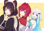  3girls :d ange_katrina animal_ears armband bangs black_kimono blue_eyes blunt_bangs brown_hair coat colored_inner_hair commentary dog_ears dog_hair_ornament expressionless eyebrows_visible_through_hair flower from_side hair_flaps hair_flower hair_ornament heterochromia highres inui_toko jacket japanese_clothes kimono light_blue_hair lize_helesta long_hair looking_at_viewer looking_back maid maid_headdress multicolored_hair multiple_girls nijisanji obi off-shoulder_coat open_mouth red_eyes red_jacket redhead sash short_hair silver_hair simple_background sleeves_past_fingers sleeves_past_wrists smile straight_hair talunilu_uu3 twintails two-tone_hair uniform upper_body violet_eyes virtual_youtuber white_jacket wide_sleeves yellow_background yellow_eyes 
