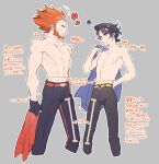  !? 2boys abs arm_behind_back arrow_(symbol) augustine_sycamore black_gloves black_hair black_pants collarbone commentary_request facial_hair fingerless_gloves gloves grey_background heart holding holding_clothes holding_shirt kusuribe looking_at_another lysandre_(pokemon) male_focus multiple_boys navel orange_hair outline pants pokemon pokemon_(game) pokemon_xy shiny shiny_hair shirt shirtless short_hair signature simple_background spiky_hair spoken_heart spoken_interrobang sweatdrop translation_request yellow_belt 