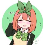  1girl bangs blazer blush bow breasts closed_eyes collared_shirt commentary_request eyebrows_behind_hair facing_viewer flying_sweatdrops go-toubun_no_hanayome green_background green_bow green_jacket green_ribbon hair_between_eyes hair_ribbon hand_up jacket kujou_karasuma long_sleeves medium_breasts nakano_yotsuba open_blazer open_clothes open_jacket open_mouth ribbon shirt solo sweater_vest two-tone_background upper_body white_background white_shirt 