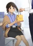  1boy 1girl bag bangs belt blue_pants blue_shirt blush brown_eyes brown_hair chair commentary_request douki-chan_(yomu_(sgt_epper)) eyebrows_visible_through_hair ganbare_douki-chan gift highres id_card looking_at_another necktie office_lady pants pencil_skirt senpai_(yomu_(sgt_epper)) shirt short_hair sidelocks sitting skirt white_shirt yomu_(sgt_epper) 