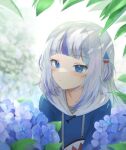  1girl absurdres bangs blue_eyes blue_hair blunt_bangs commentary drawstring eyebrows_visible_through_hair flower gawr_gura hair_ornament hairclip highres hololive hololive_english hood hood_down hoodie klaius leaf multicolored_hair solo two-tone_hair two_side_up virtual_youtuber white_hair 