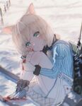  1girl animal_ears ankodesoy ash_arms b-4_(ash_arms) blood blood_on_face blurry blurry_background blurry_foreground blush boots cat_ears green_eyes looking_at_viewer medium_hair platinum_blonde_hair sitting snow snowing solo 